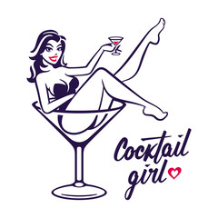 Cocktail girl sitting in high cocktail glass and holding glass in his hand calligraphy lettering vector illustration
