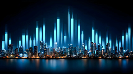 Fototapeta premium Vibrant city skyline with illuminated towers at night.