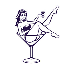 Cartoon pretty pin up girl sitting in high cocktail glass and holding glass in his hand illustration