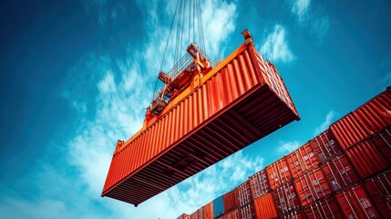 A red cargo container being lifted by a crane against a bright blue sky, highlighting global trade and logistics. Other containers are stacked.
