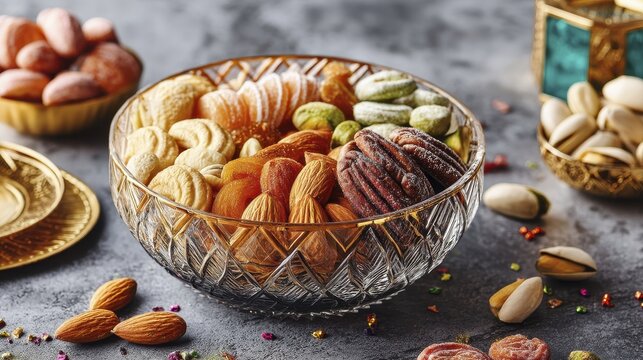 A decorative bowl brimming with a lavish selection of Diwali dry fruits, ready to share - tasty still prosperity
