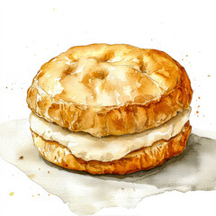 Close up of a biscuit with a white filling. The biscuit is brown and has a slightly crispy texture. The white filling is spread evenly throughout the biscuit, giving it a light and fluffy appearance