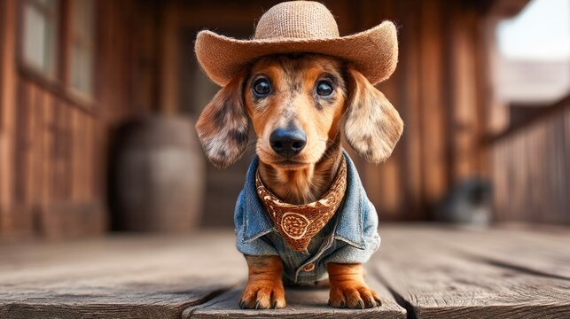 A charming dachshund dog is dressed up in a cowboy outfit, complete with a hat and bandana. The dog is posing on a wooden porch.