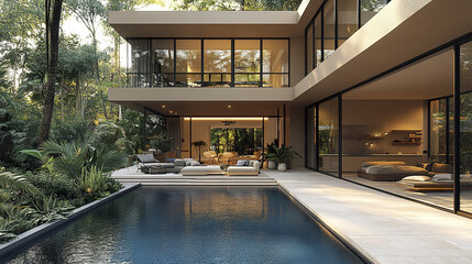 Modern house with large windows and pool in lush setting