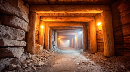 Fototapeta premium An interior view of a mine shaft shows the wooden beams supporting the structure as lights lead the eye to the distance.