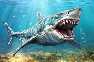 Naklejka premium A prehistoric Megalodon shark swimming just beneath the ocean surface