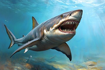 Naklejka premium A prehistoric Megalodon shark swimming just beneath the ocean surface