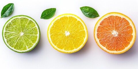 Fototapeta premium Mindful living with wellness energy concept. Sliced citrus fruits with green leaves on a light background.