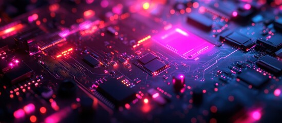 Fototapeta premium Close-up of a circuit board with glowing components.