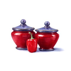 Still life with two red ceramic jars and a red bell pepper. A watercolor painting of kitchenware and produce.