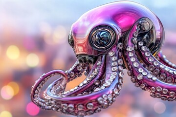A robotic cephalopod (Cephalopoda) exploring a neon-lit deep-sea city, its metallic tentacles pulsating with energy