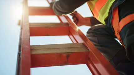 A laborer setting up a construction ladder for work. Featuring safety and preparation