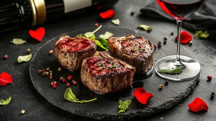 A beautifully arranged plate featuring a succulent cut of roasted meat, garnished with fresh herbs, accompanied by a glass of rich red wine, all set on a rustic wooden table.