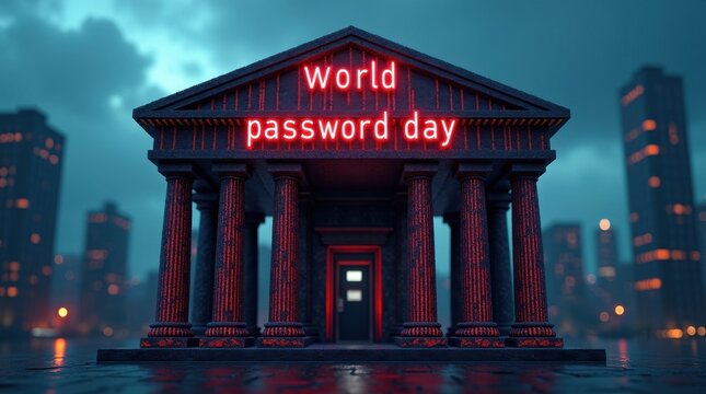 Celebrating world password day cybersecurity event in urban landscape neon environment futuristic viewpoint