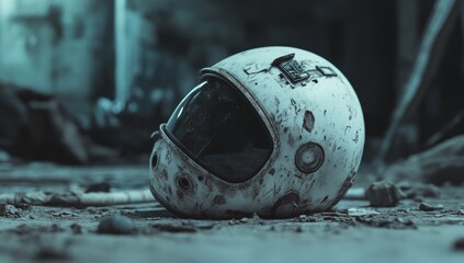 Abandoned astronaut helmet on desolate ground