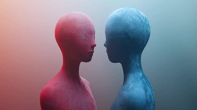 Abstract visual of A/B testing concept represented by two contrasting humanoid figures in red and blue. comparison, experimentation, decision-making, and optimization in design and data analysis