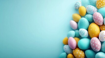 Obraz premium An overhead shot of colorful, decorated Easter eggs of varied colors arranged on a vibrant blue background, with copy space.