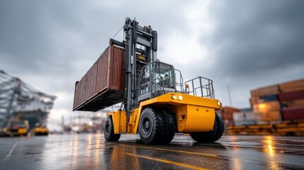 A forklift maneuvers a shipping container at a port, showcasing logistic operations and cargo handling on a cloudy day. The wet ground reflects the scene.