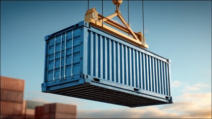 A blue shipping container being lifted by a crane against a backdrop of a cloudy sky. Other containers are stacked in the distance.