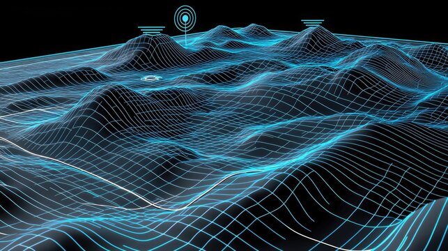 Abstract digital landscape with glowing wireframe terrain and radar.