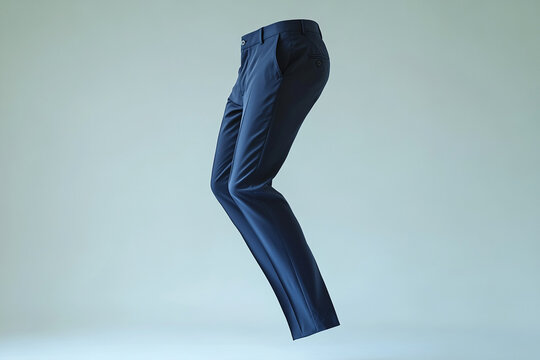 Dark blue dress pants floating against a light blue background a minimalist fashion image