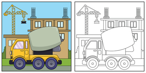 Mixer truck, transportation, vehicle, outline coloring book for kids