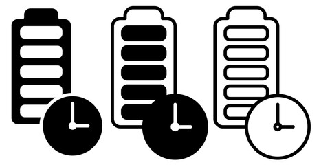 battery icon with clock, long lasting battery icon, simple flat style, illustration, logo sign symbol pictogram template, for ui or ux isolated on white for mobile app, editable	