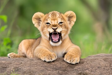 Obraz premium A young lion practicing its roar, its expression both fierce and playful