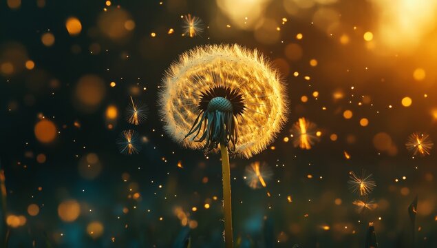 Golden dandelion seed head, sunset glow