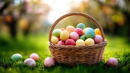 A charming basket filled with colorful Easter eggs sits in lush green grass, with more eggs scattered around in the spring sunshine.