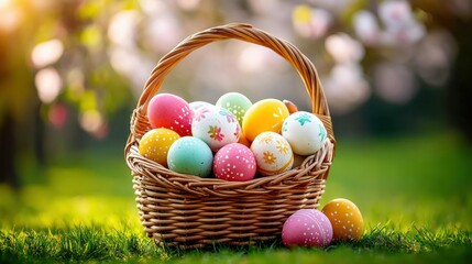 A woven basket filled with colorful Easter eggs sits on lush green grass, inviting spring vibes. The festive scene is set outdoors with a blurred background.