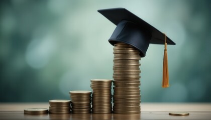 A graduation cap sits atop stacks of coins.
