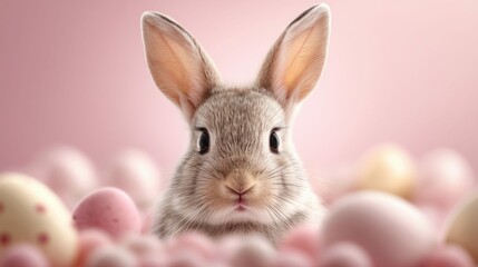 Obraz premium A charming Easter bunny sits amidst a backdrop of pastel-colored eggs, perfect for seasonal greetings and celebrations, with a soft focus.