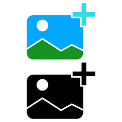 gallery icon with plus sign, add image icon, simple flat style, illustration, logo sign symbol pictogram template, for ui or ux isolated on white for mobile app, editable