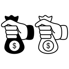 hand icon holding money bag, simple flat style, illustration, logo sign symbol pictogram template, for ui or ux isolated on white for mobile app, editable