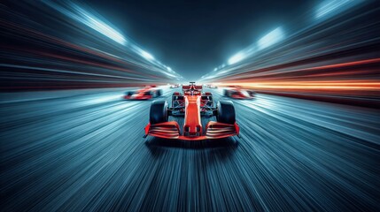 A dynamic image showcases formula one cars speeding down the track, symbolizing speed, competition, and advanced technology.