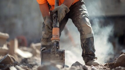 A laborer using a jackhammer on a construction site. Featuring power and concentration