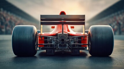 A close-up view captures the back of a vibrant red Formula 1 race car, ready to compete on the track.