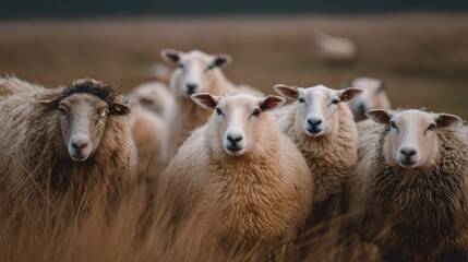 Fototapeta premium a group of sheep on a pasture stand next to each other and look into the camera