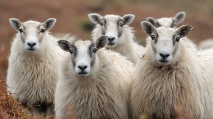 Obraz premium a group of sheep on a pasture stand next to each other and look into the camera