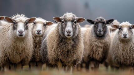 Obraz premium a group of sheep on a pasture stand next to each other and look into the camera