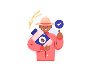 illustration of a male farmer using pesticide or insecticide to eradicate pests. happy because he has succeeded in overcoming pests. successful young farmer. gesture and expression. flat style