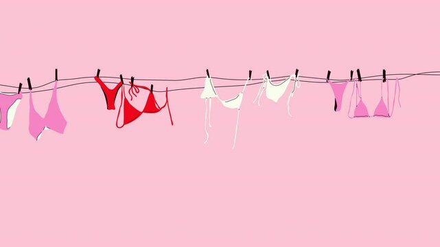 Swimsuits hanging on a clothesline under the sun in seamless loop animation with transparent background