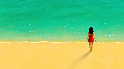 Obraz premium Woman In Red Dress Walking On Golden Beach Near Turquoise Ocean