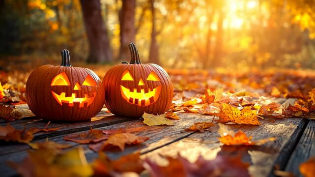 Two glowing jack o lanterns on a rustic wooden table with blurred autumn leaves in the background create a festive Halloween mood. Thanksgiving fall harvest