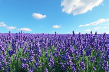 Expansive lavender field under a bright blue sky with fluffy clouds