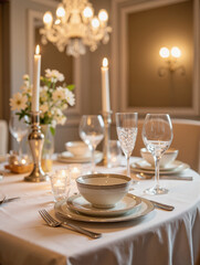 Elegant dining table setup with candles and flowers, fine dining aesthetics