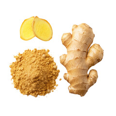 Fresh ginger root and sliced ginger with ground ginger powder