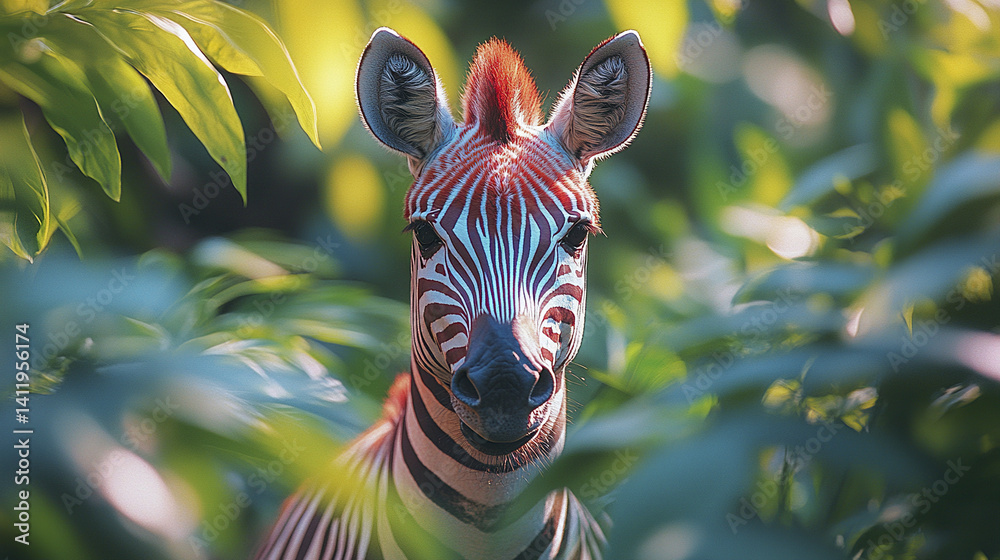 Canvas Prints zebra in lush greenery with vibrant stripes and curious expression