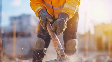 A laborer wearing safety gear while operating a jackhammer. Featuring power and safety